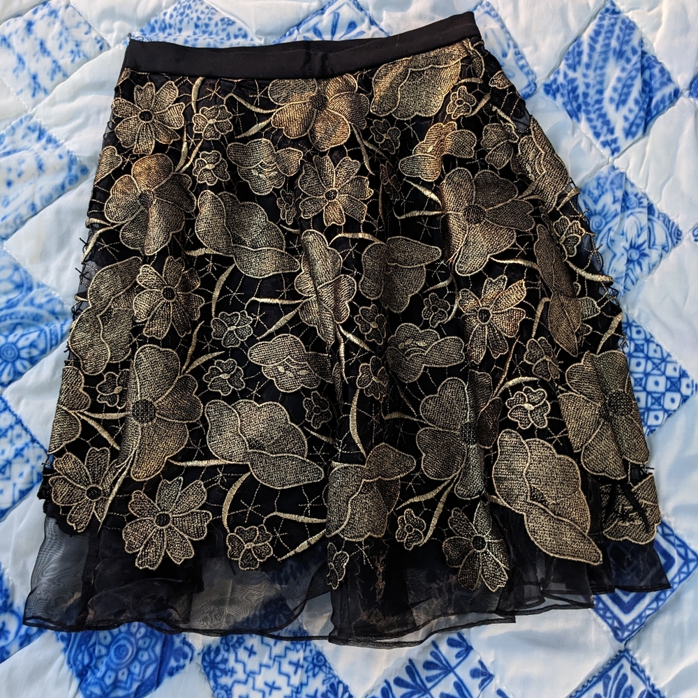Anthropologie gold floral applique skirt